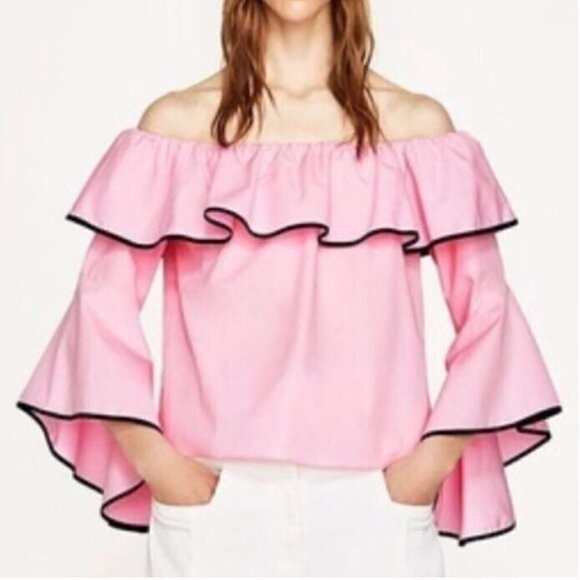 Zara Tops - Zara Top Womens Medium Off the Shoulder Ruffle Bell Sleeve Cropped Pink Boho